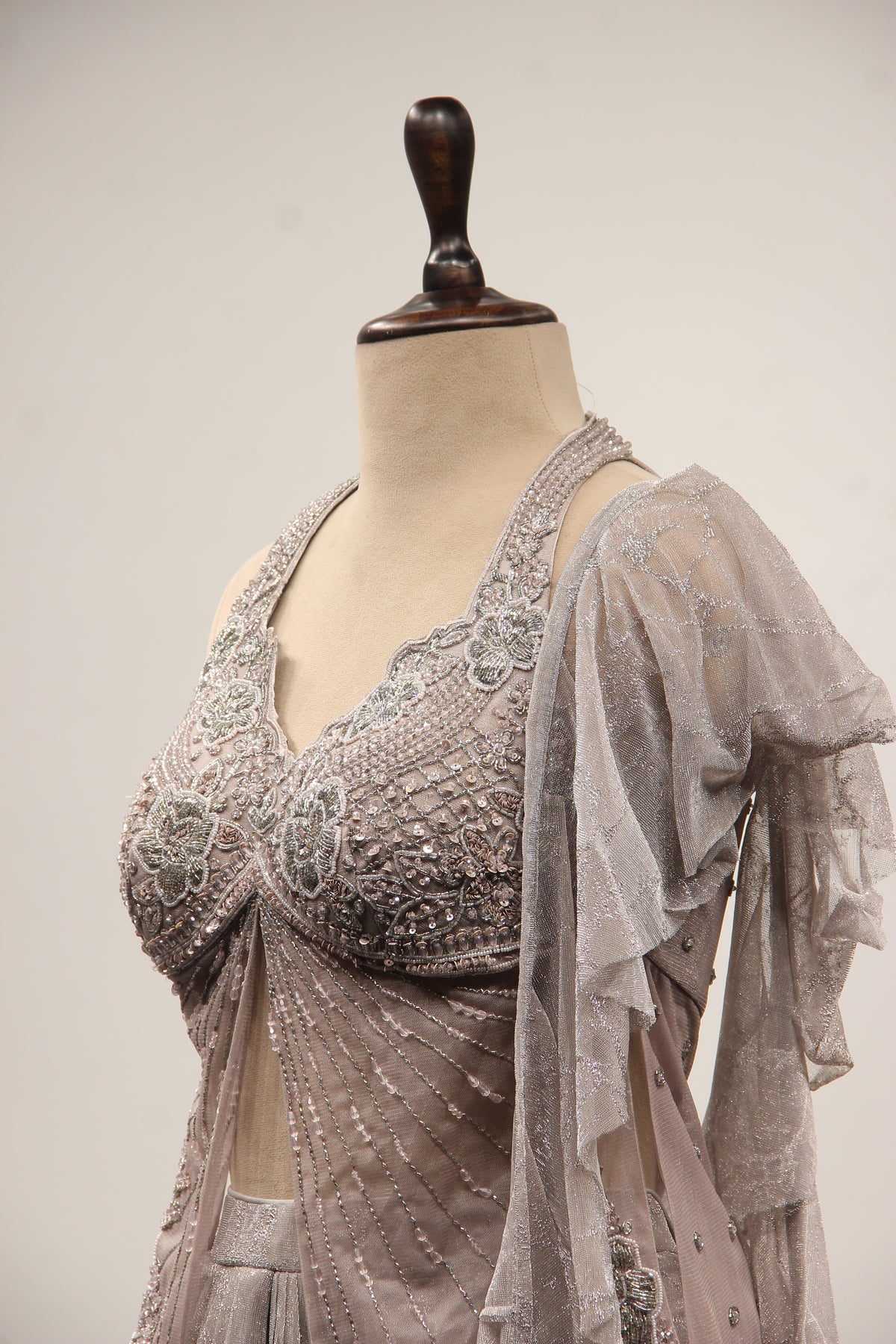 Imported Indo Western Drape Skirt Set with Cut Dana & Stone Handwork in Grey – side close-up