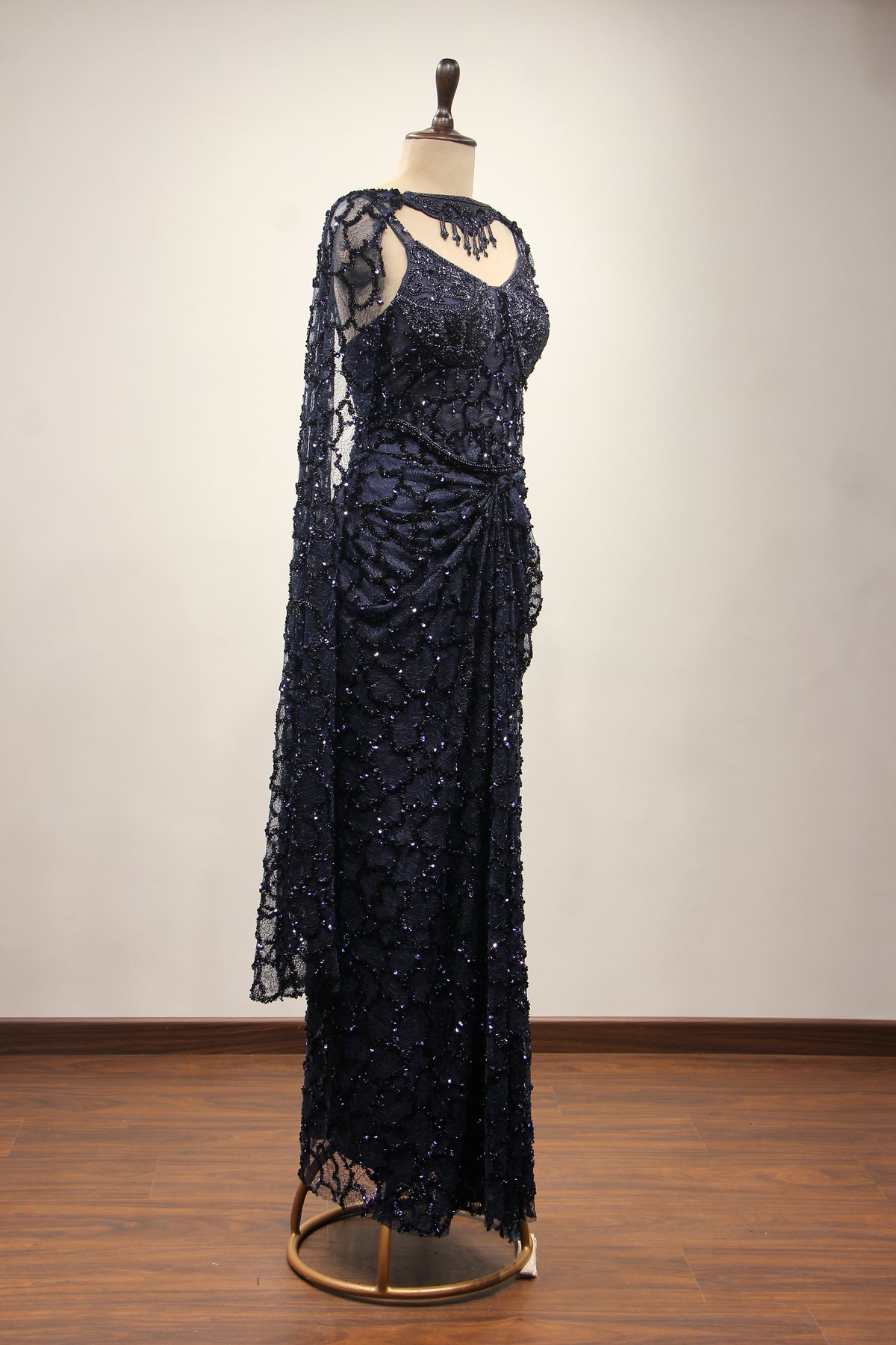Imported Indo Western Net Corset Set with Sequin & Cut Dana Handwork in Blue – side view