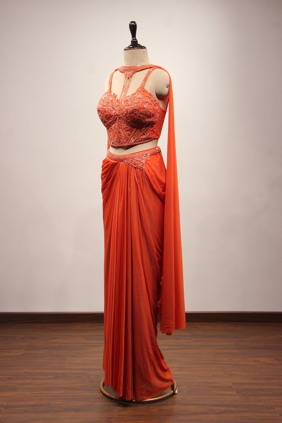 Imported Indo Western Choker Dupatta Set with Bead & Sequin Handwork in Orange – side view