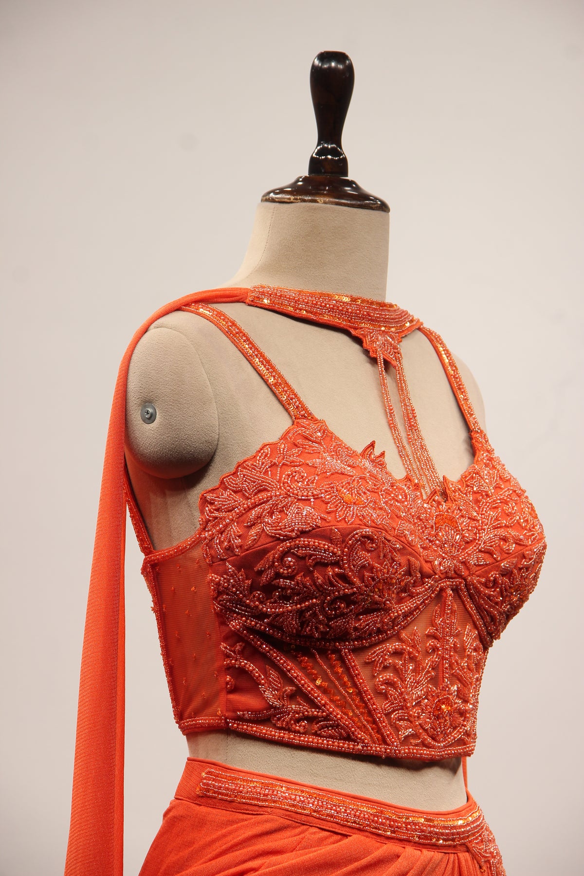 Imported Indo Western Choker Dupatta Set with Bead & Sequin Handwork in Orange – other side close-up