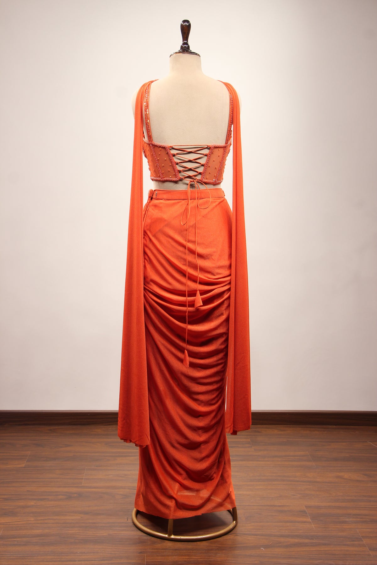 Imported Indo Western Choker Dupatta Set with Bead & Sequin Handwork in Orange – back view