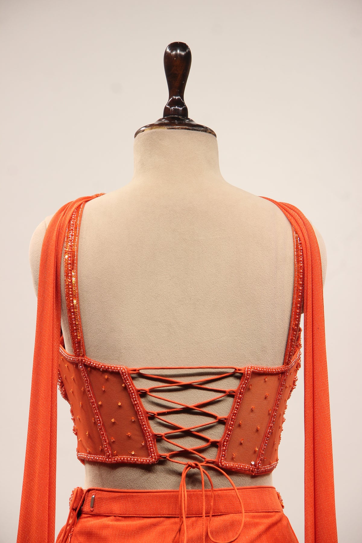 Imported Indo Western Choker Dupatta Set with Bead & Sequin Handwork in Orange – back close-up