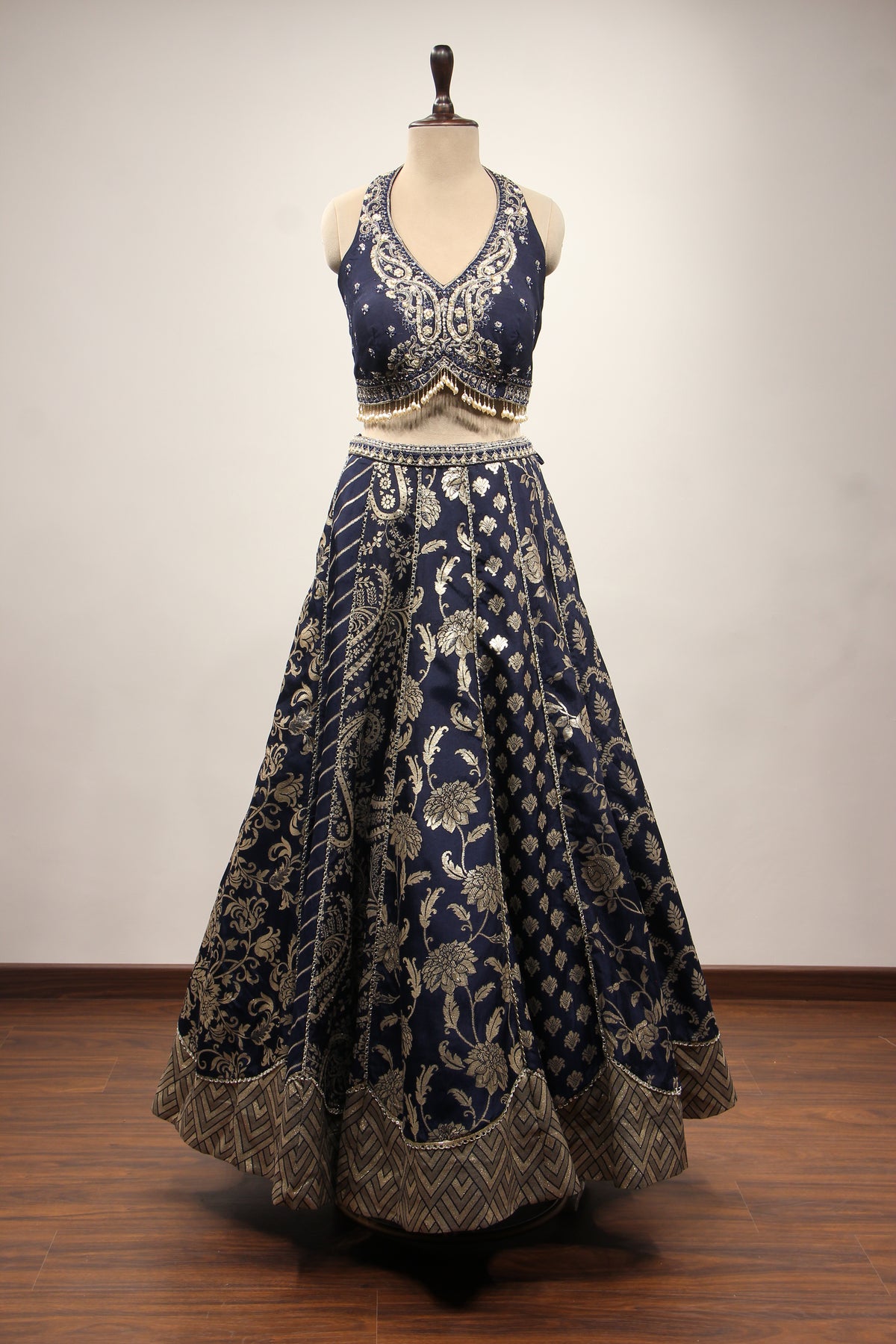 Banarasi Brocade Lehenga with Handwork & Cut Dana Jacket in Blue – front view, without jacket