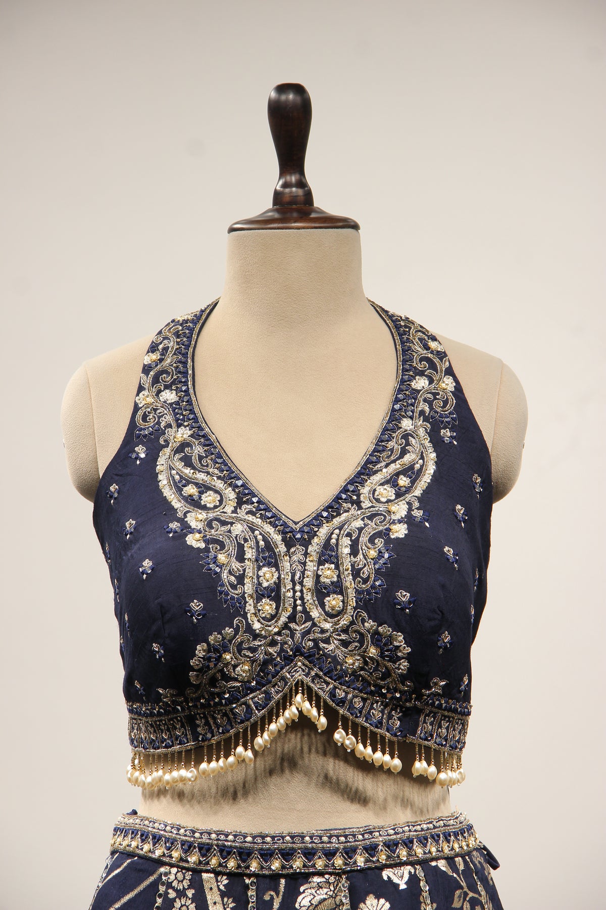 Banarasi Brocade Lehenga with Handwork & Cut Dana Jacket in Blue – front close-up, without jacket