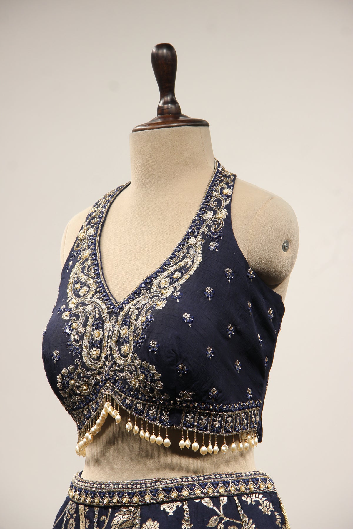 Banarasi Brocade Lehenga with Handwork & Cut Dana Jacket in Blue – side close-up, without jacket