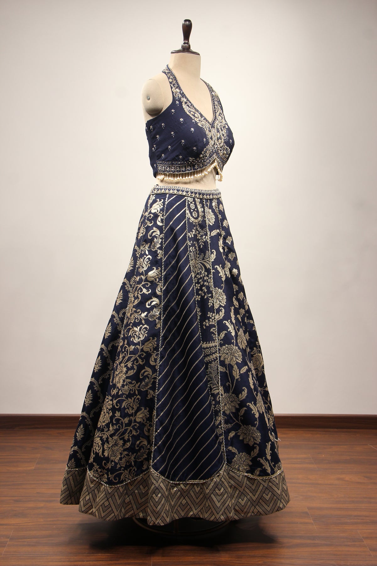 Banarasi Brocade Lehenga with Handwork & Cut Dana Jacket in Blue – other side view, without jacket