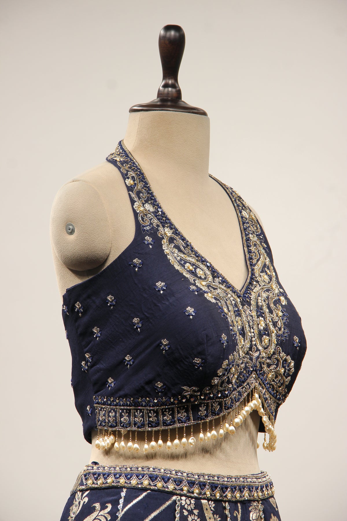 Banarasi Brocade Lehenga with Handwork & Cut Dana Jacket in Blue – other side close-up, without jacket