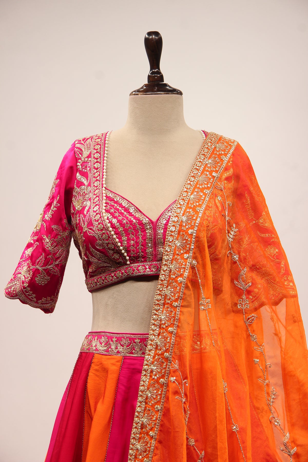Orange Silk Panelled Lehenga with Zari & Sequin Handwork Crop Top – front close-up
