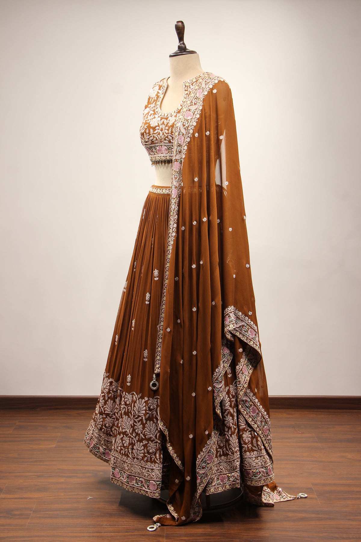 Georgette Lehenga with Resham & Cut Dana Handwork and Beaded Crop Top in Brown – side view