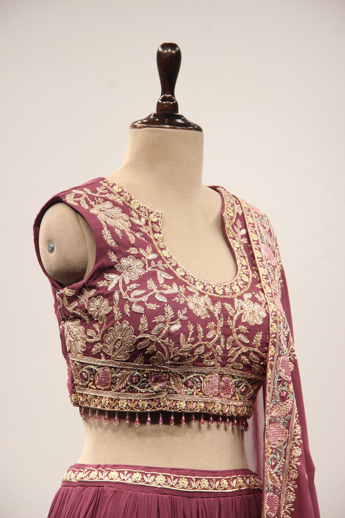 Georgette Lehenga with Resham & Cut Dana Handwork and Beaded Crop Top in Wine – other side close-up