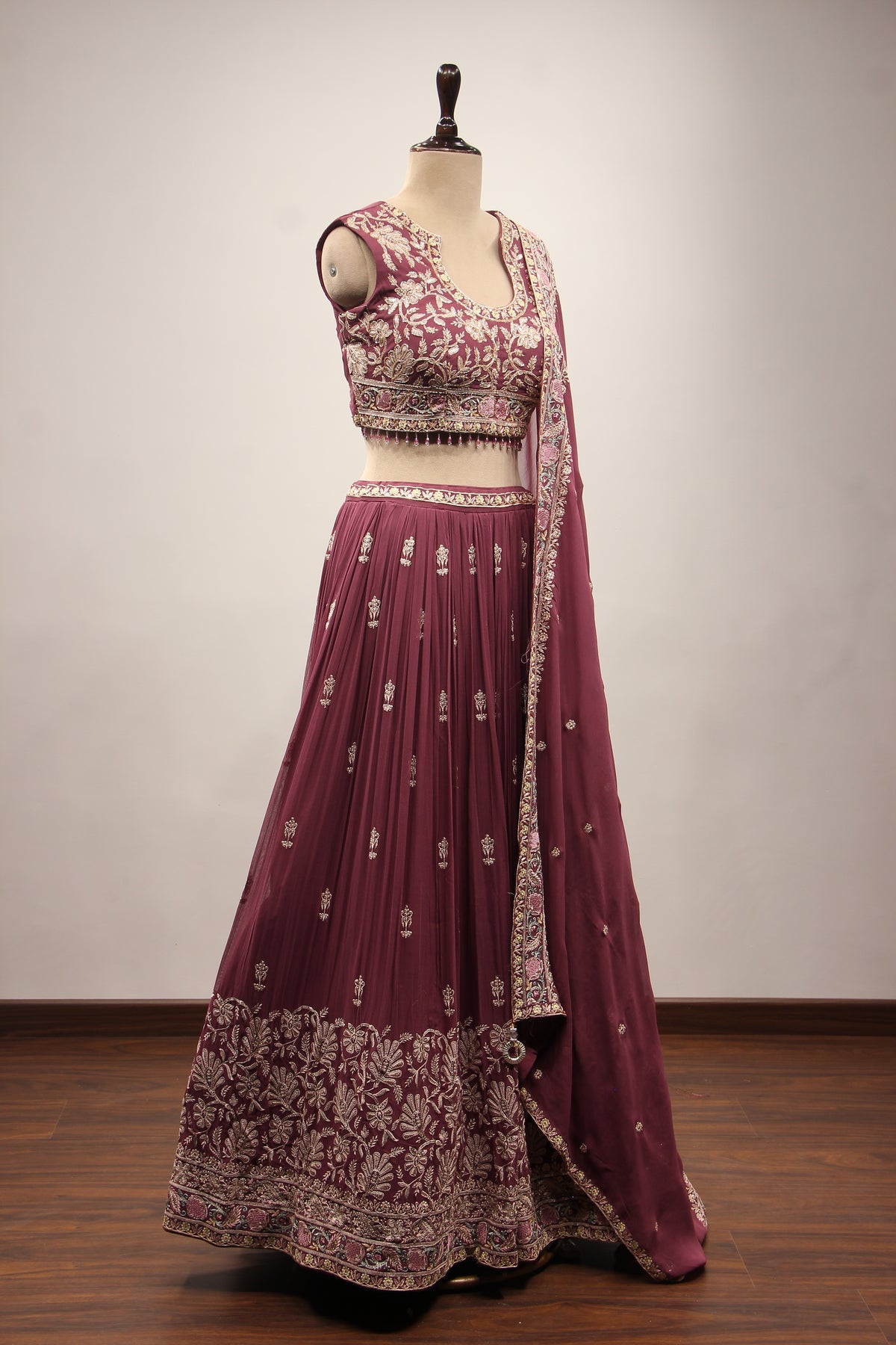 Georgette Lehenga with Resham & Cut Dana Handwork and Beaded Crop Top in Wine – other side view