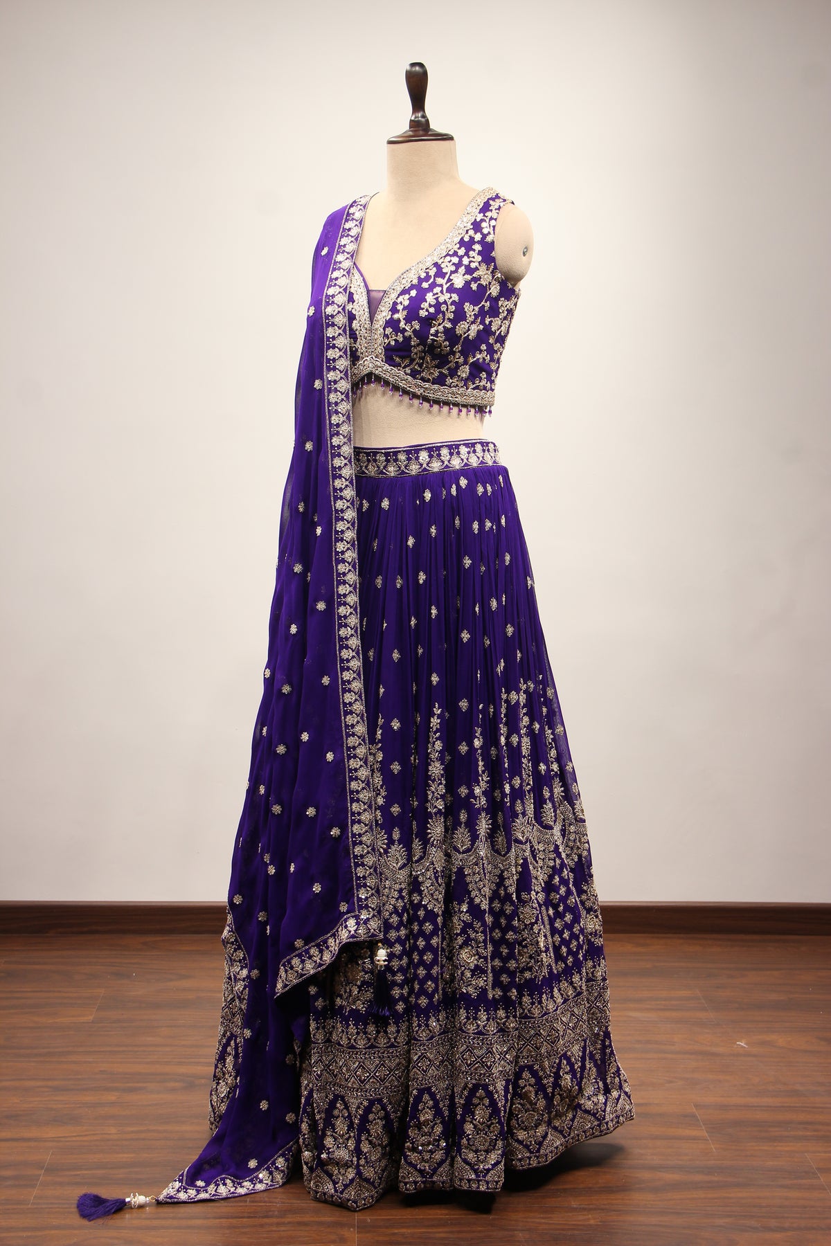 Georgette Lehenga with Zari & Sequin Handwork Plunge V-Neck Crop Top in Purple – side view