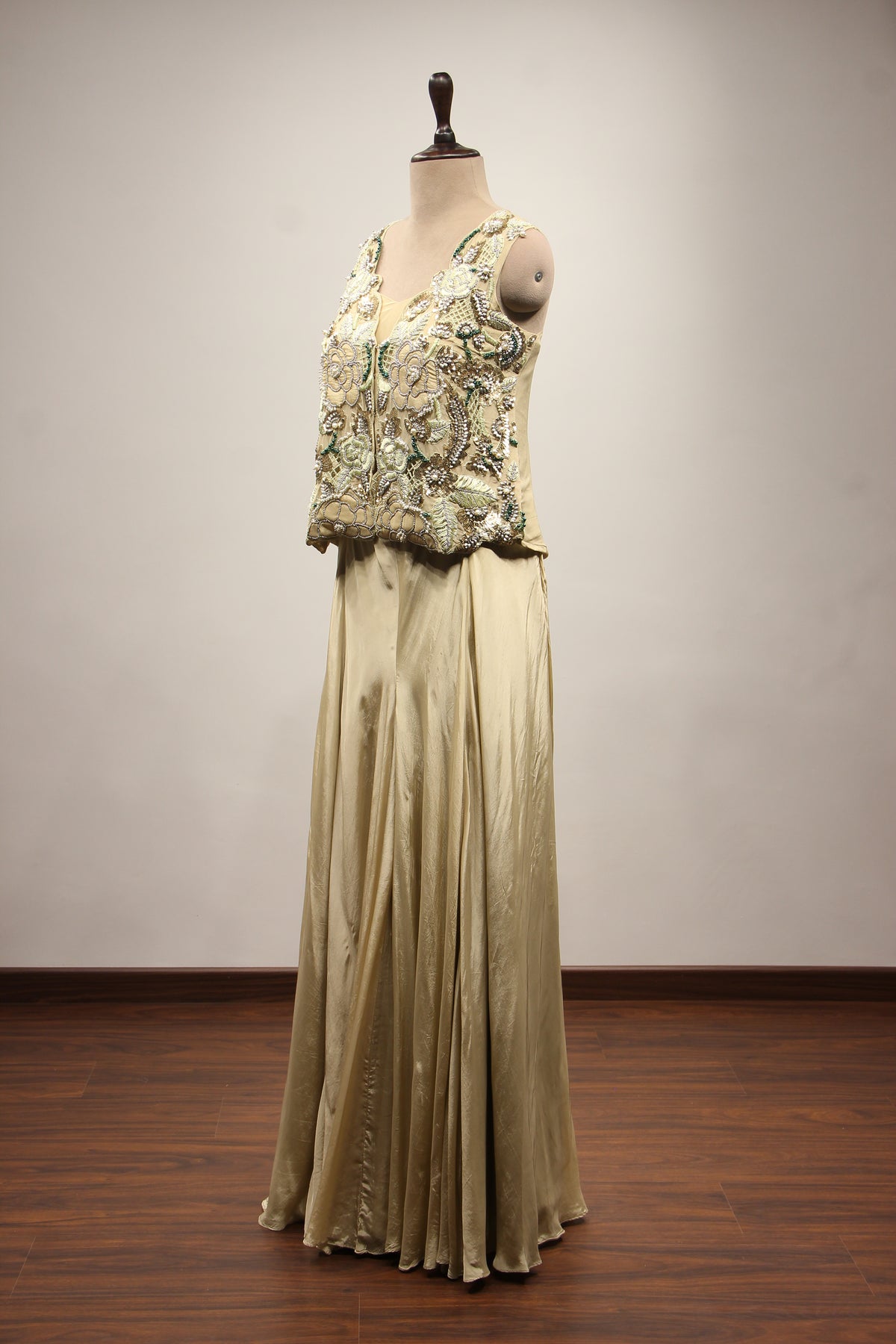 Gold Tissue Long Top Indo Western with Hand Embroidery & Resham – side view