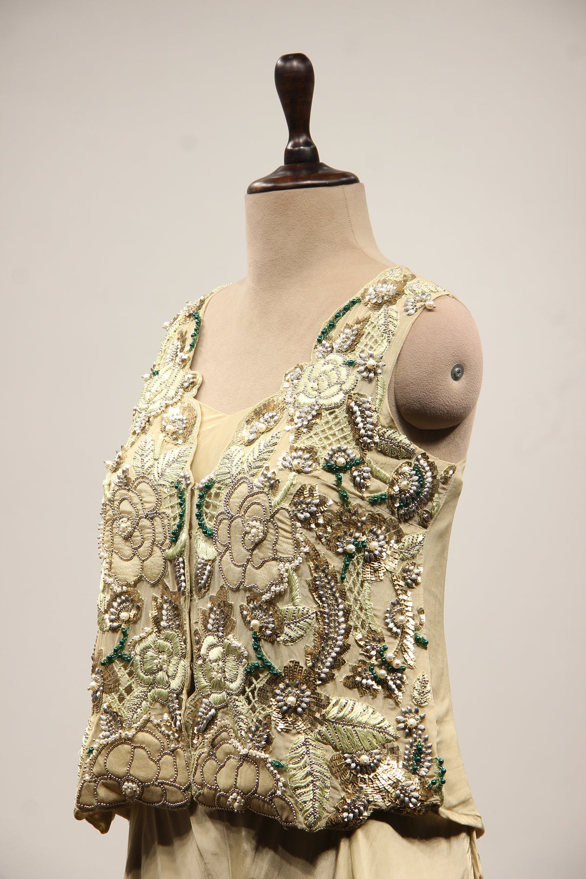 Gold Tissue Long Top Indo Western with Hand Embroidery & Resham – side close-up
