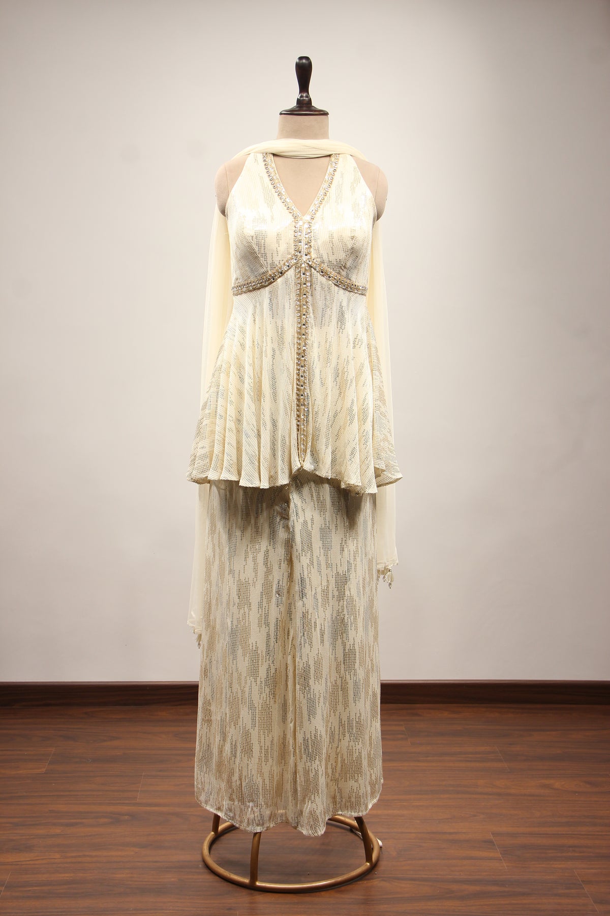 Imported Halter Peplum Indo Western with Sequin & Cut Dana Handwork in Cream – front view