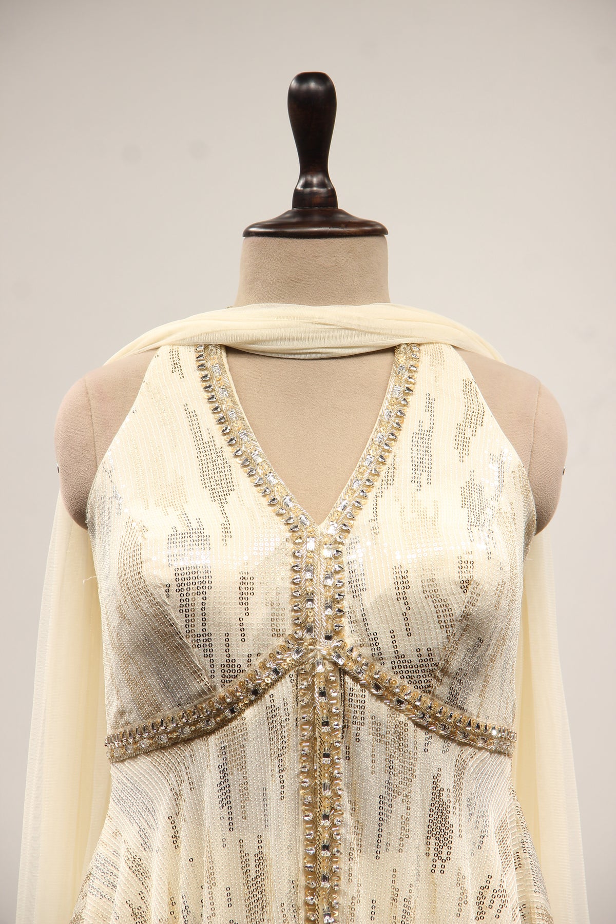 Imported Halter Peplum Indo Western with Sequin & Cut Dana Handwork in Cream – front close-up