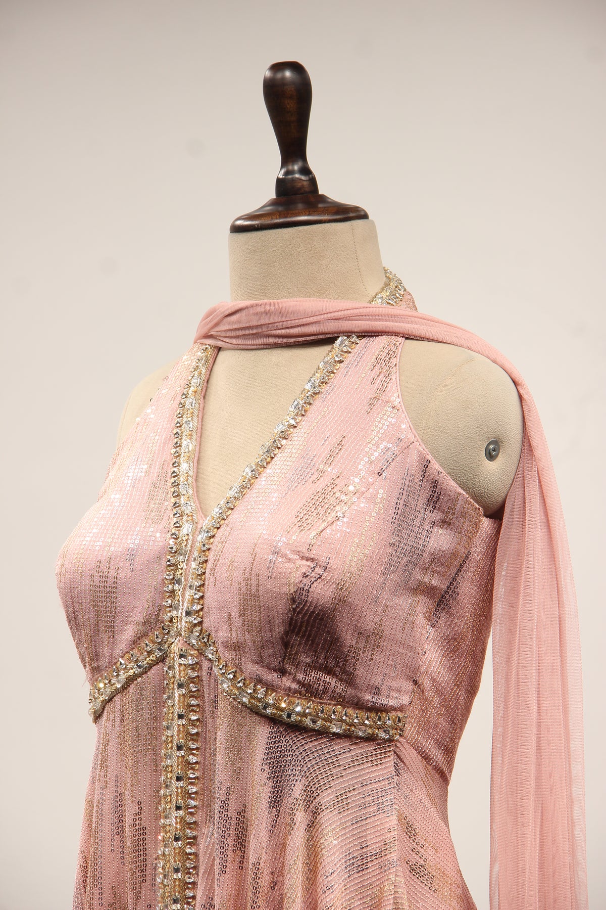 Imported Halter Peplum Indo Western with Sequin & Cut Dana Handwork in Pink – side close-up