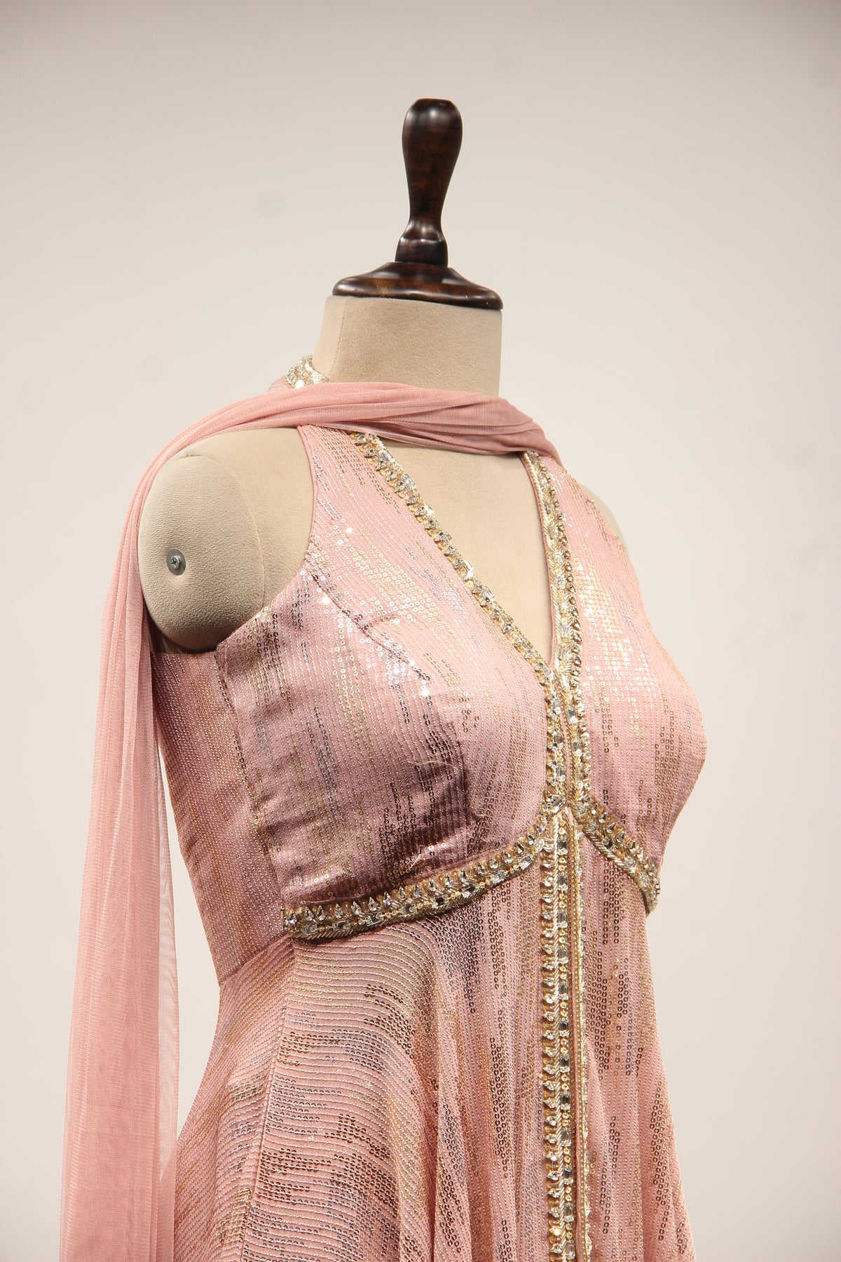 Imported Halter Peplum Indo Western with Sequin & Cut Dana Handwork in Pink – other side close-up