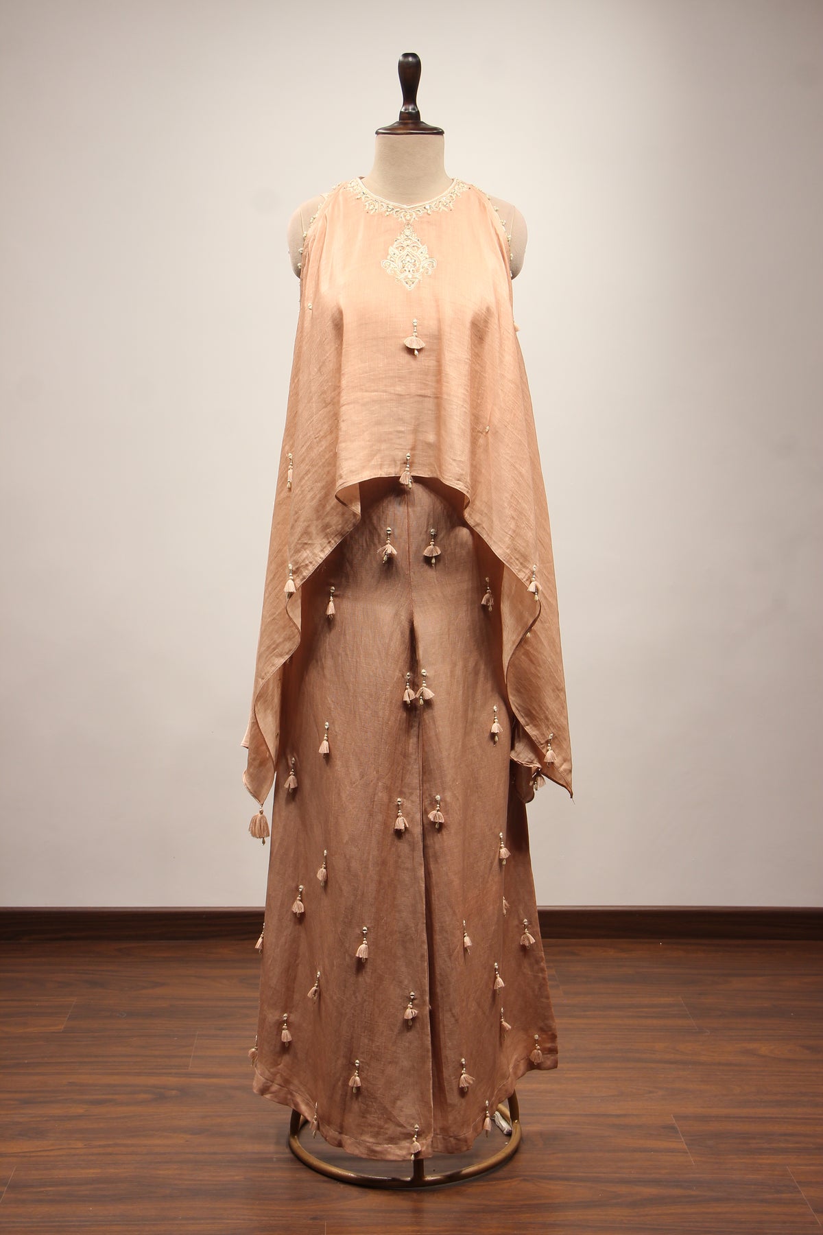 Peach Chanderi Long Top Indo Western with Mirror & Resham Handwork – front view