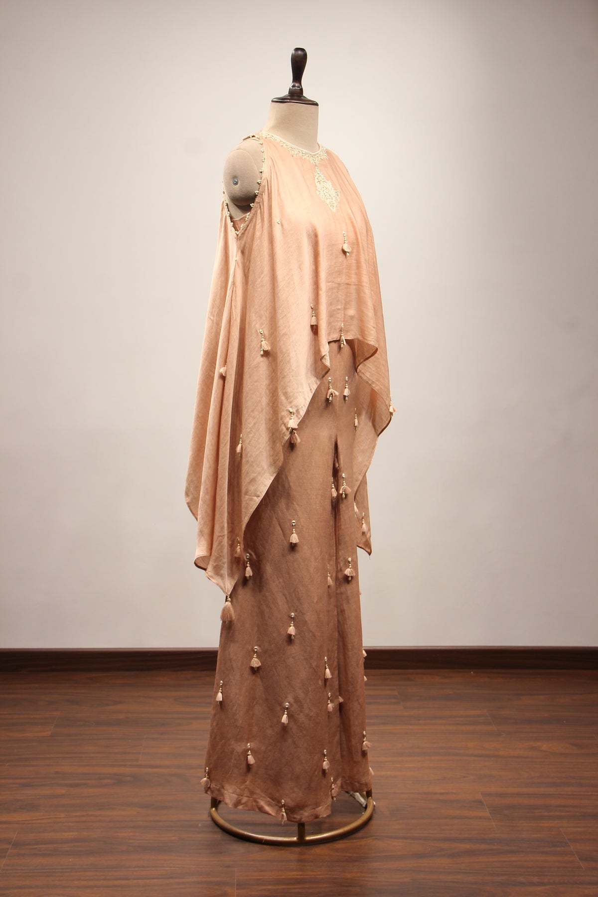 Peach Chanderi Long Top Indo Western with Mirror & Resham Handwork – other side view
