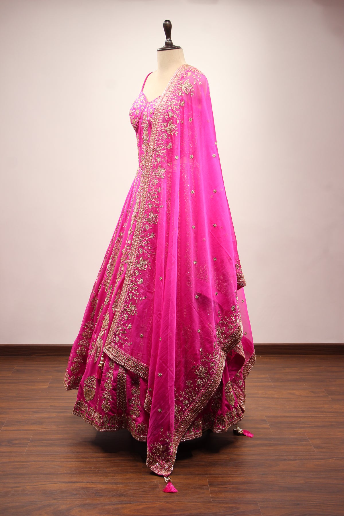 Royal Blue Dupion Lehenga with Corset Blouse, Zari & Cut Dana Handwork in Pink – side view