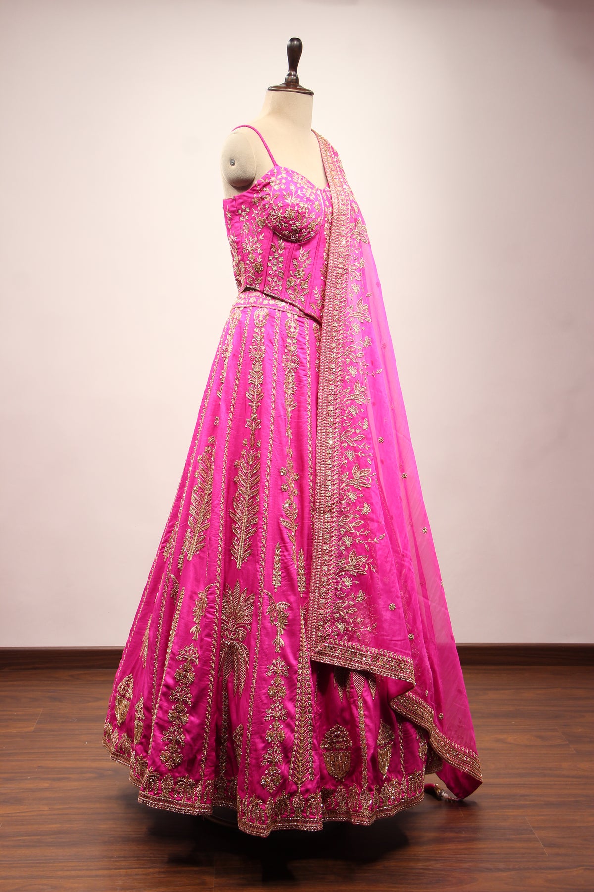 Royal Blue Dupion Lehenga with Corset Blouse, Zari & Cut Dana Handwork in Pink – other side view