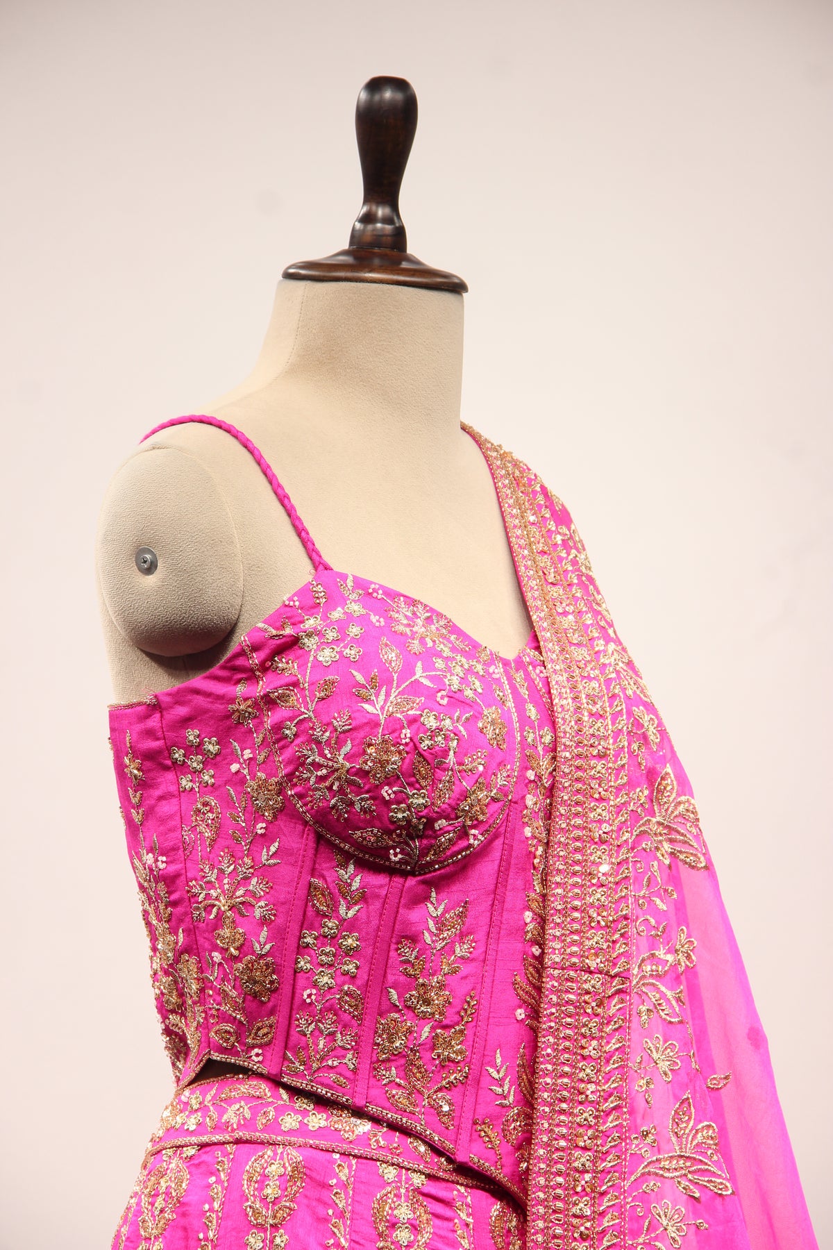 Royal Blue Dupion Lehenga with Corset Blouse, Zari & Cut Dana Handwork in Pink – other side close-up