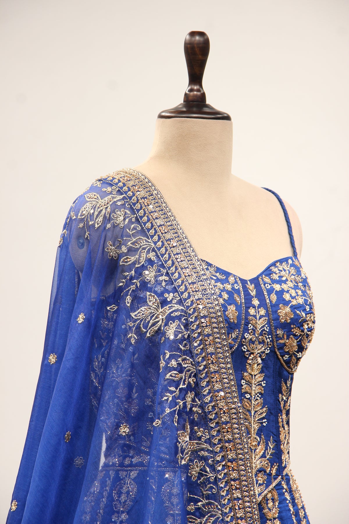 Royal Blue Dupion Lehenga with Corset Blouse, Zari & Cut Dana Handwork in Blue – other side close-up