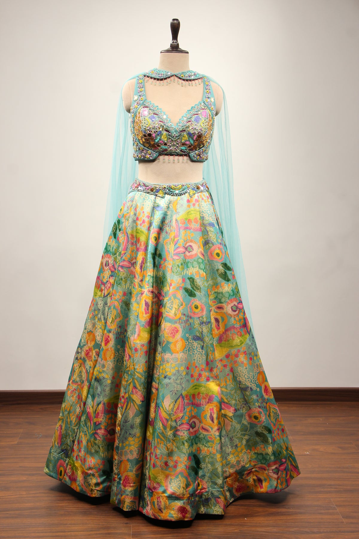 Blue Printed Tissue Lehenga with Hand Embroidery & Mirror Crop Top – front view