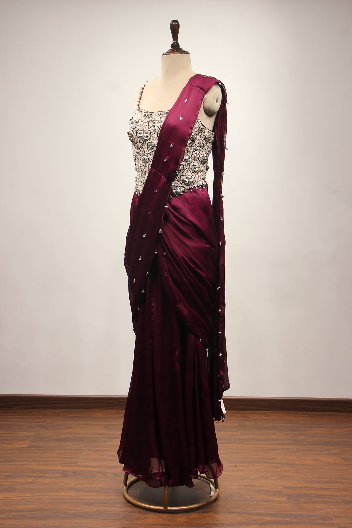 Wine Crepe Drape Saree with Zari & Sequin Handwork Strappy Corset – side view