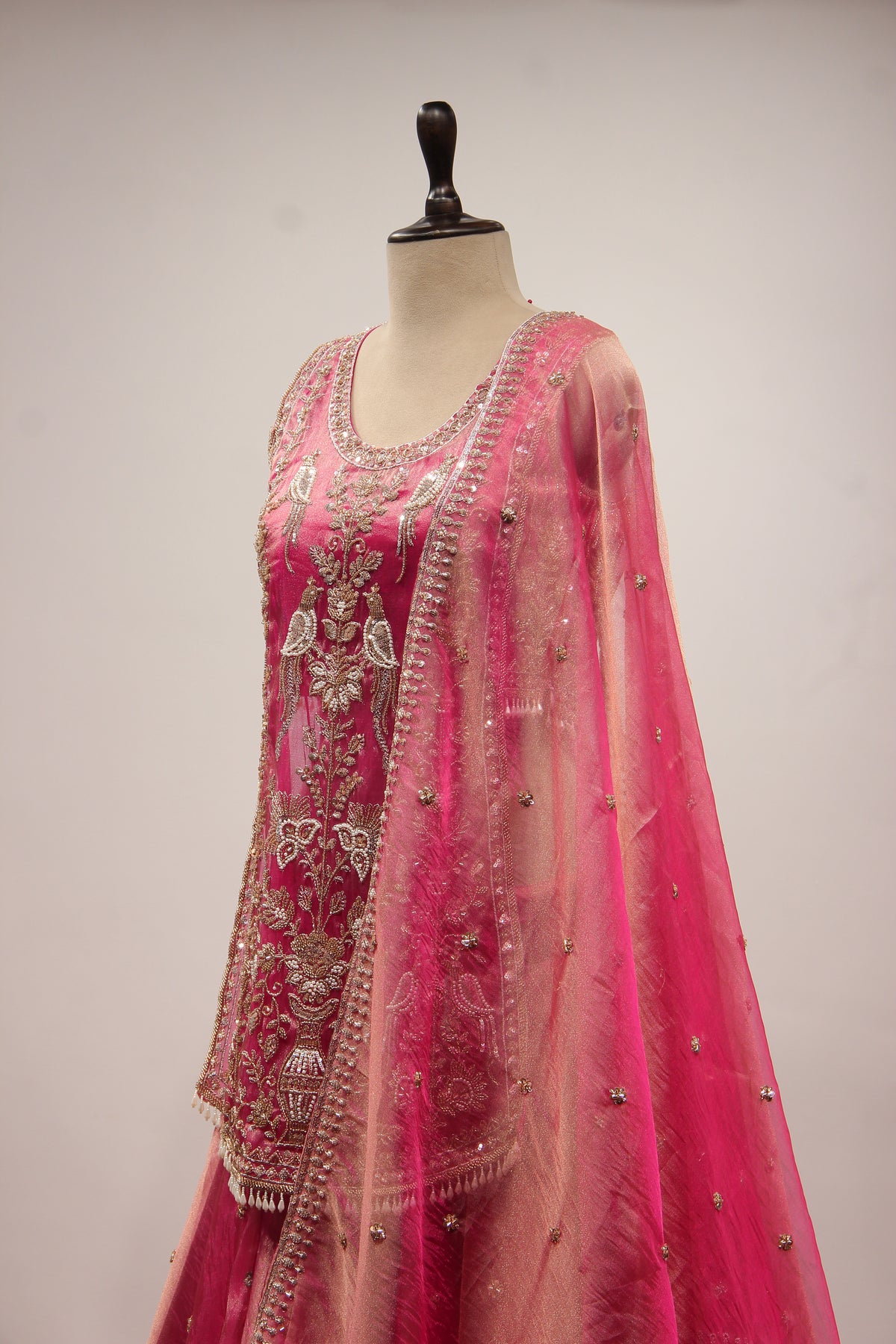 Rani Tissue Lehenga with Bead & Cut Dana Handwork Sleeveless Long Top – side close-up