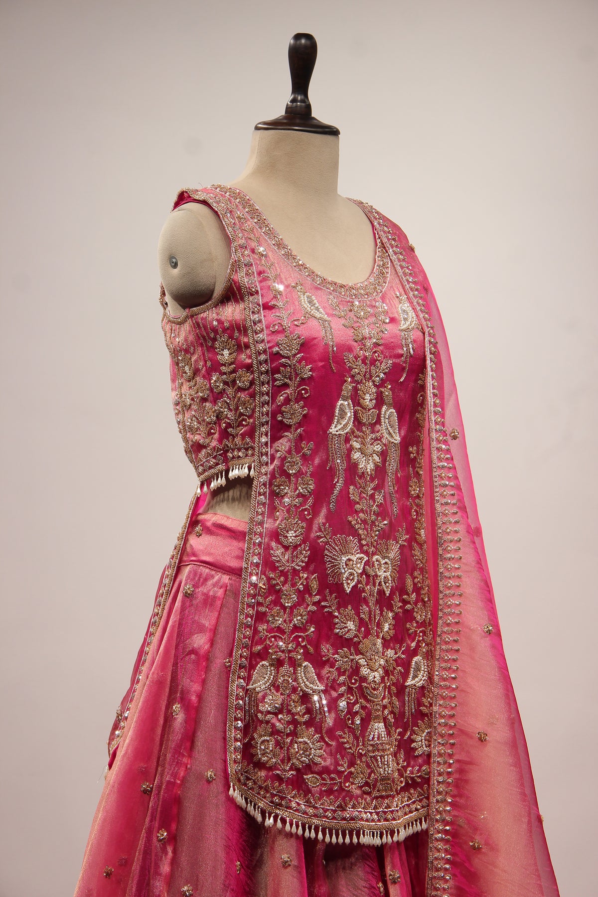 Rani Tissue Lehenga with Bead & Cut Dana Handwork Sleeveless Long Top – other side close-up