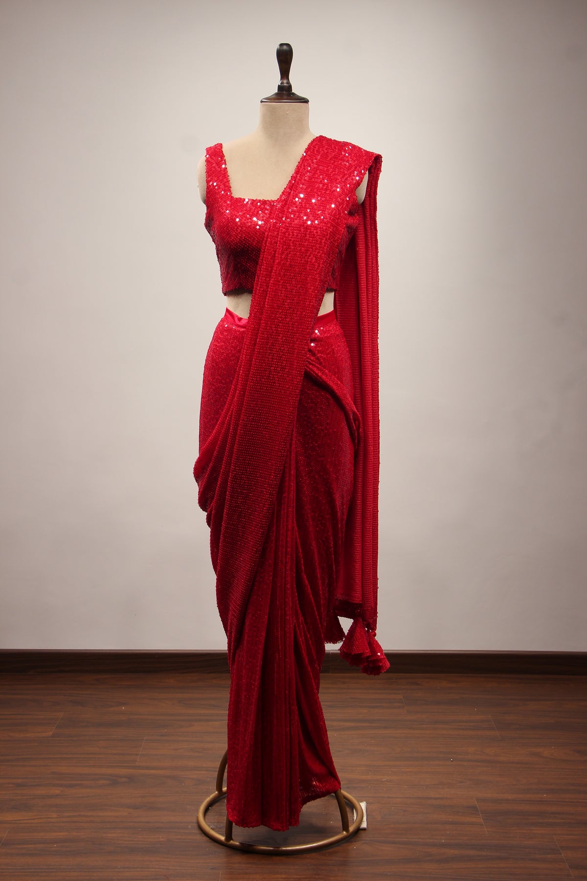 Red Imported Ready-to-Wear Drape Saree with Shimmering Sequin Handwork – front view
