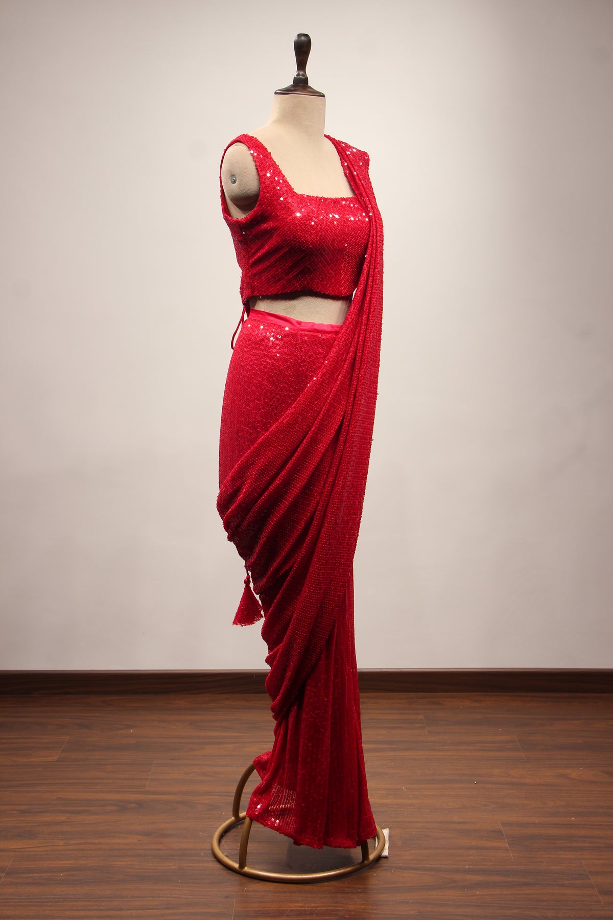 Red Imported Ready-to-Wear Drape Saree with Shimmering Sequin Handwork – other side view