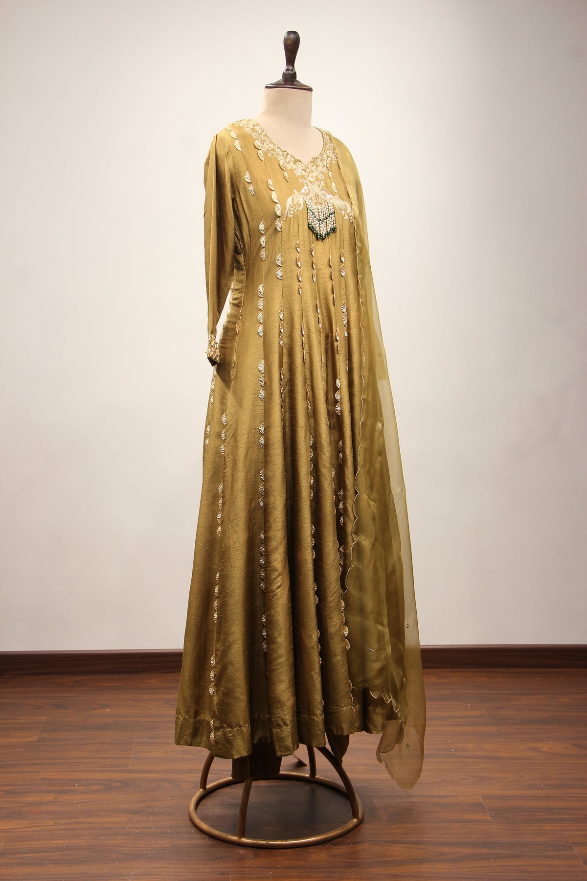 Dupion Anarkali Pant Suit with Hand Embroidery & Gota Patti Handwork in Green – other side view
