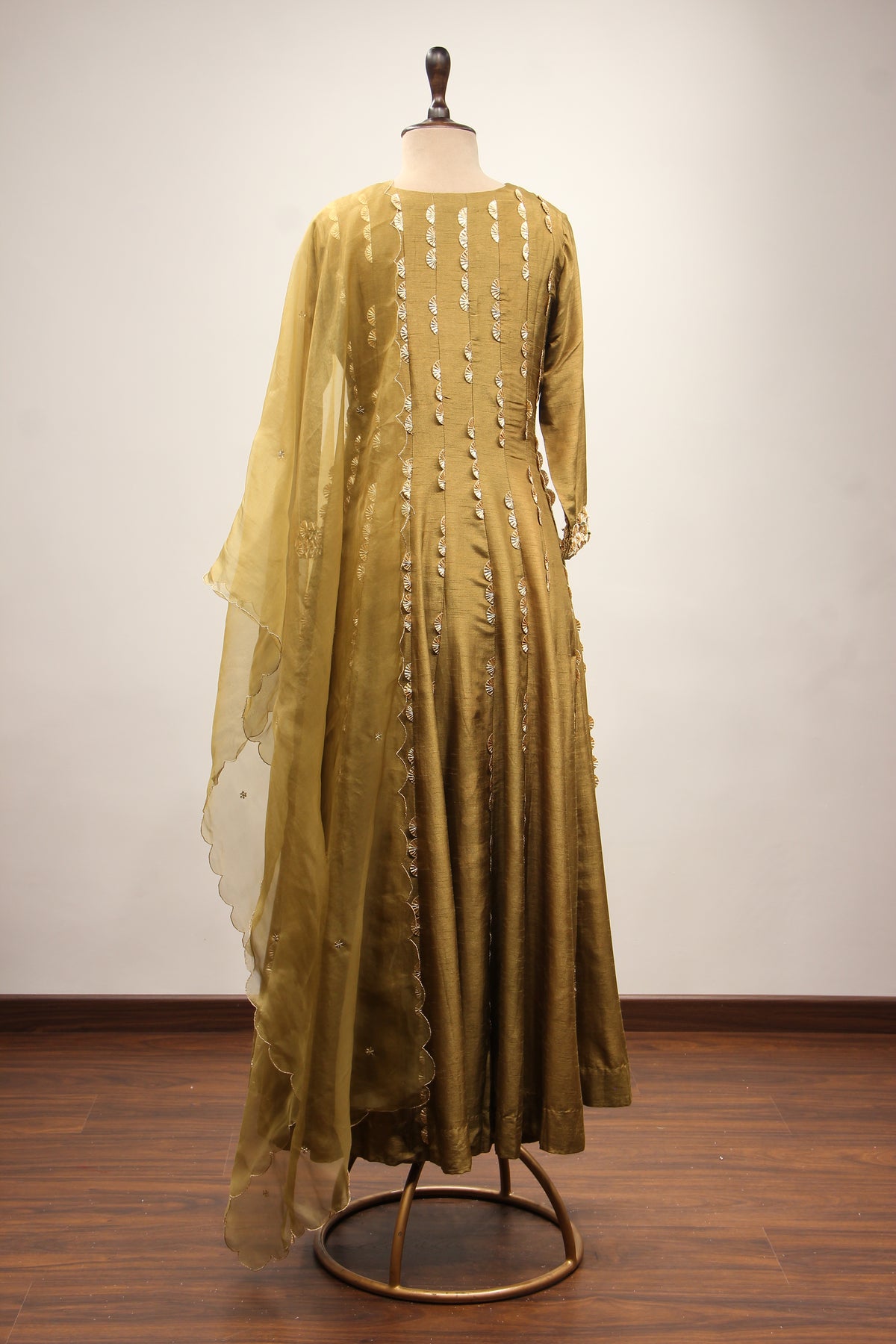 Dupion Anarkali Pant Suit with Hand Embroidery & Gota Patti Handwork in Green – back view