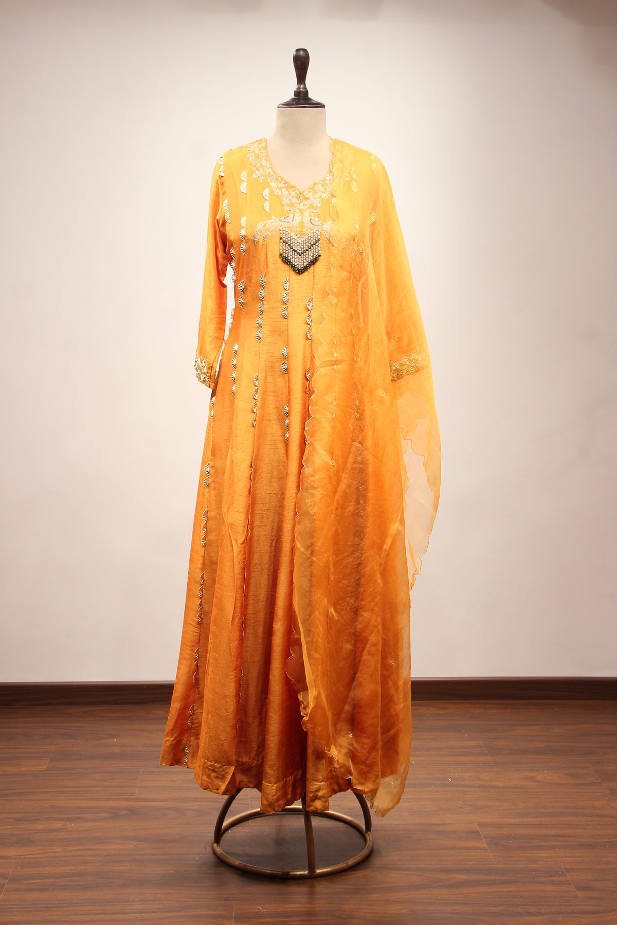Dupion Anarkali Pant Suit with Hand Embroidery & Gota Patti Handwork in Yellow – front view