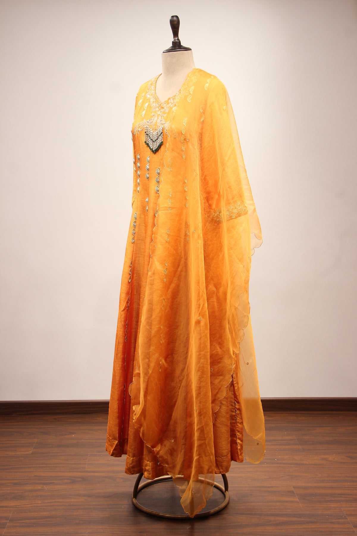 Dupion Anarkali Pant Suit with Hand Embroidery & Gota Patti Handwork in Yellow – side view