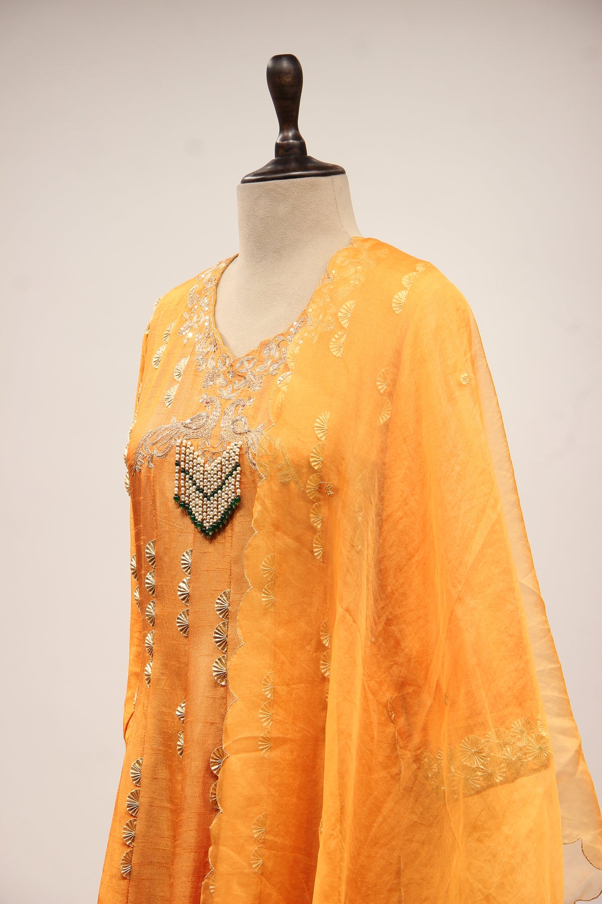 Dupion Anarkali Pant Suit with Hand Embroidery & Gota Patti Handwork in Yellow – side close-up