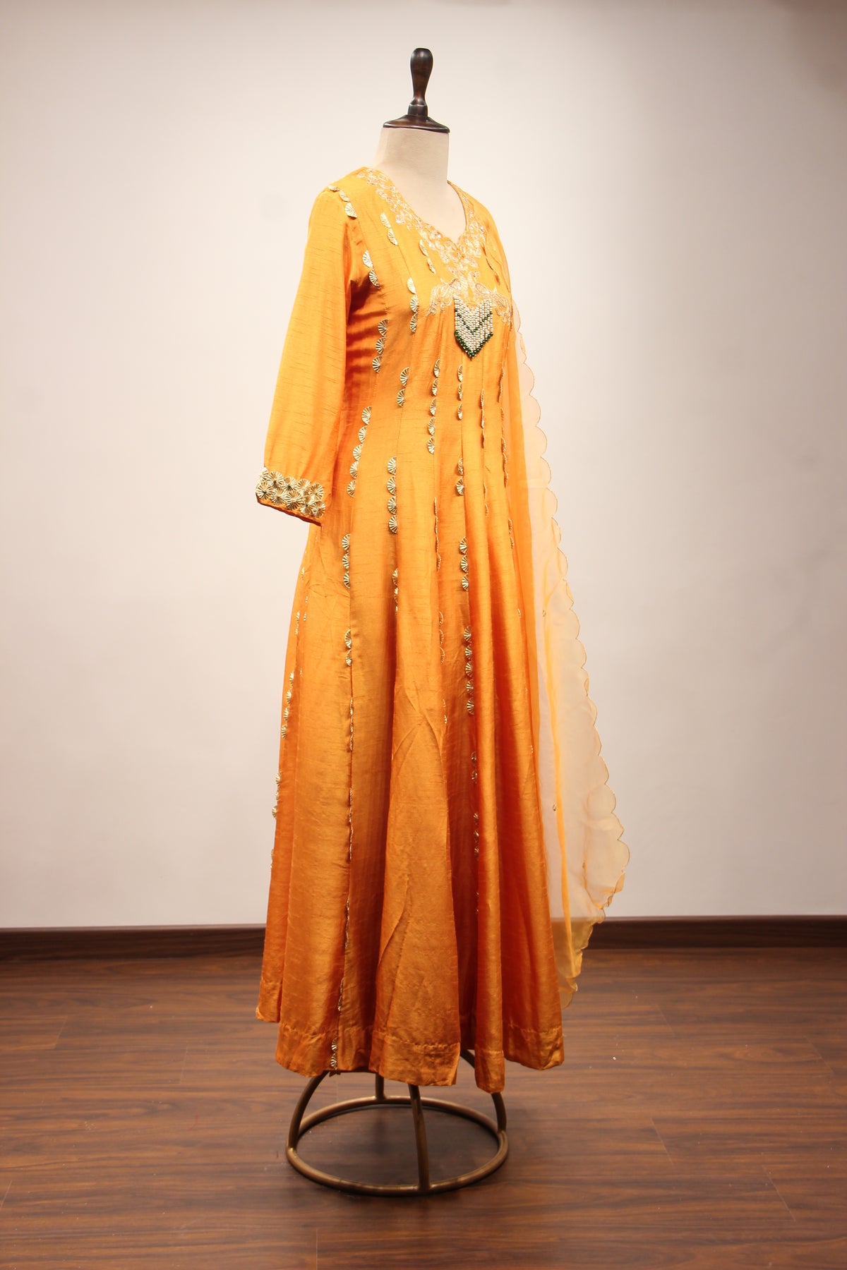 Dupion Anarkali Pant Suit with Hand Embroidery & Gota Patti Handwork in Yellow – other side view