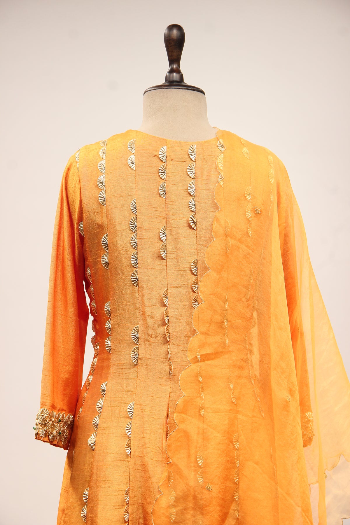 Dupion Anarkali Pant Suit with Hand Embroidery & Gota Patti Handwork in Yellow – back close-up
