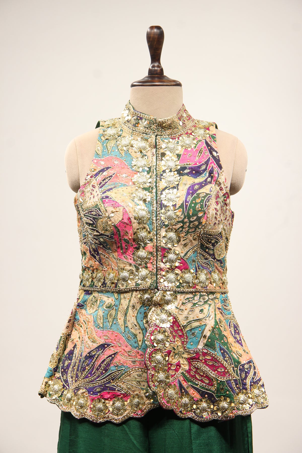 Green Dupion Indo Western Peplum Pant Set in Printed & Hand Embroidery – front close-up