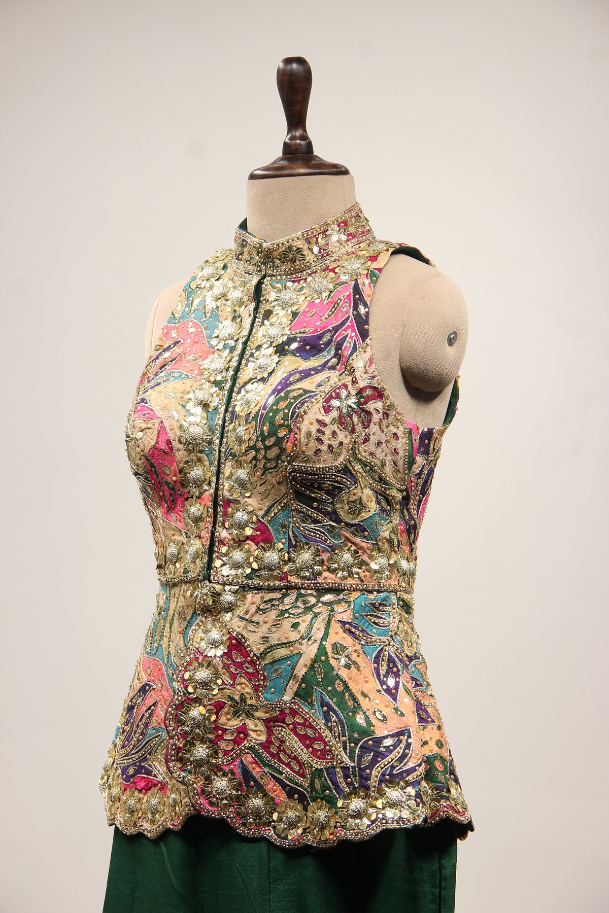 Green Dupion Indo Western Peplum Pant Set in Printed & Hand Embroidery – side close-up