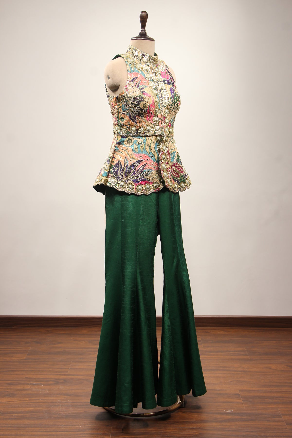 Green Dupion Indo Western Peplum Pant Set in Printed & Hand Embroidery – other side view
