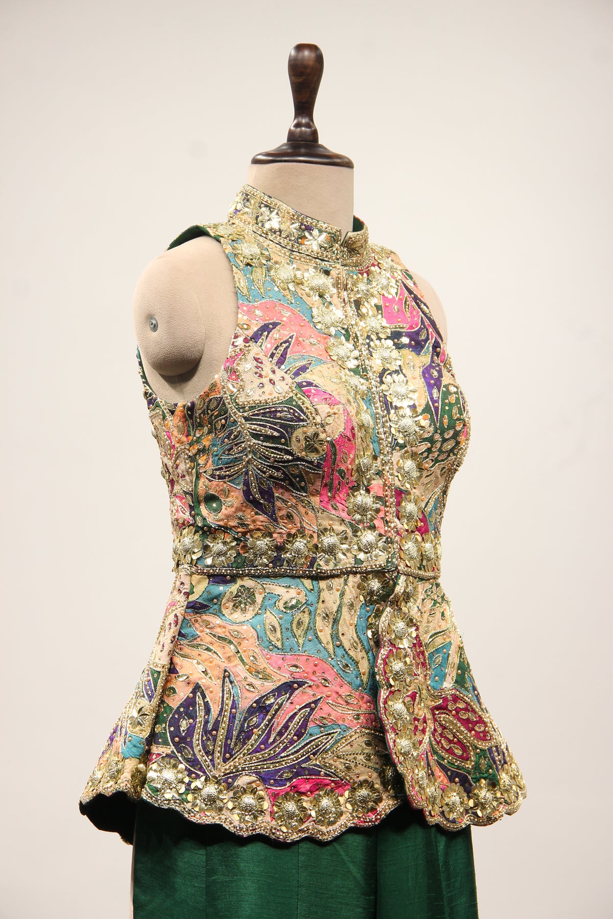 Green Dupion Indo Western Peplum Pant Set in Printed & Hand Embroidery – other side close-up