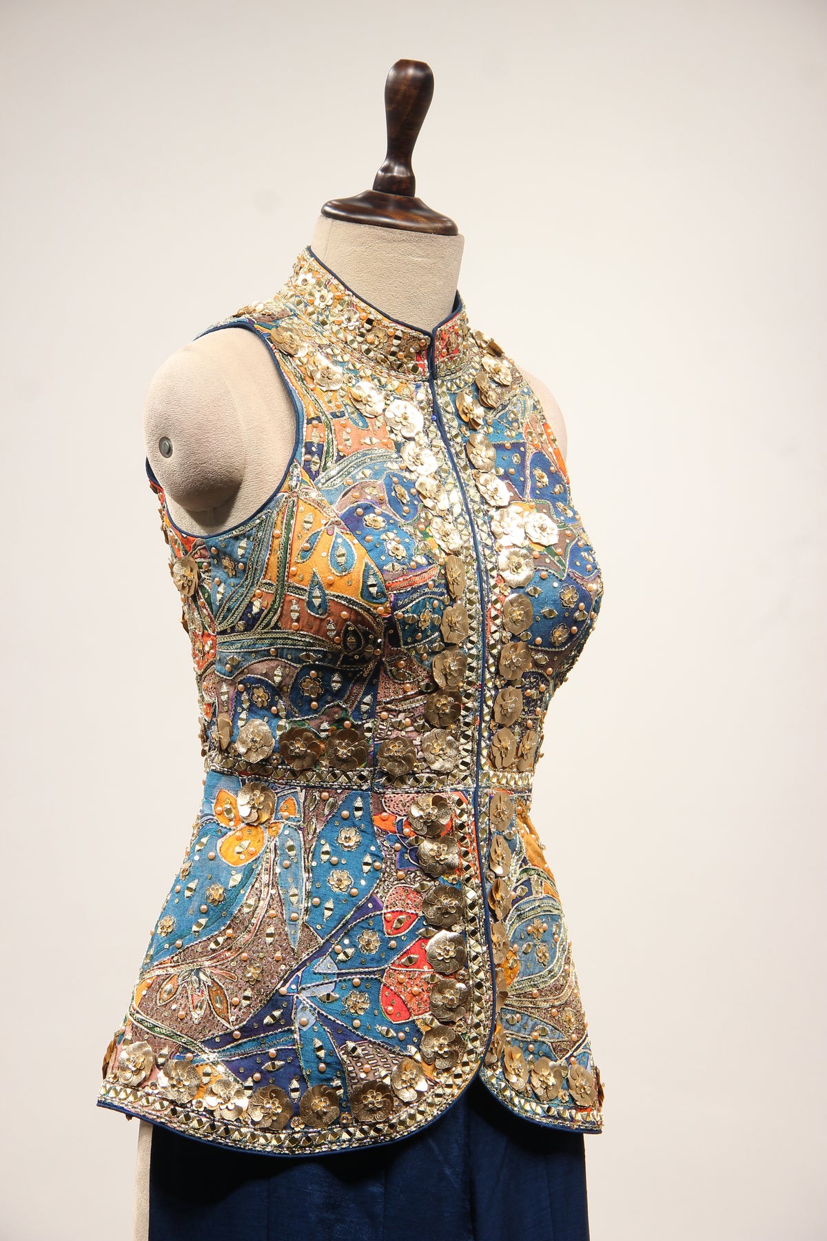 Navy Blue Dupion Halter Indo Western with Printed & Hand Embroidery – other side close-up