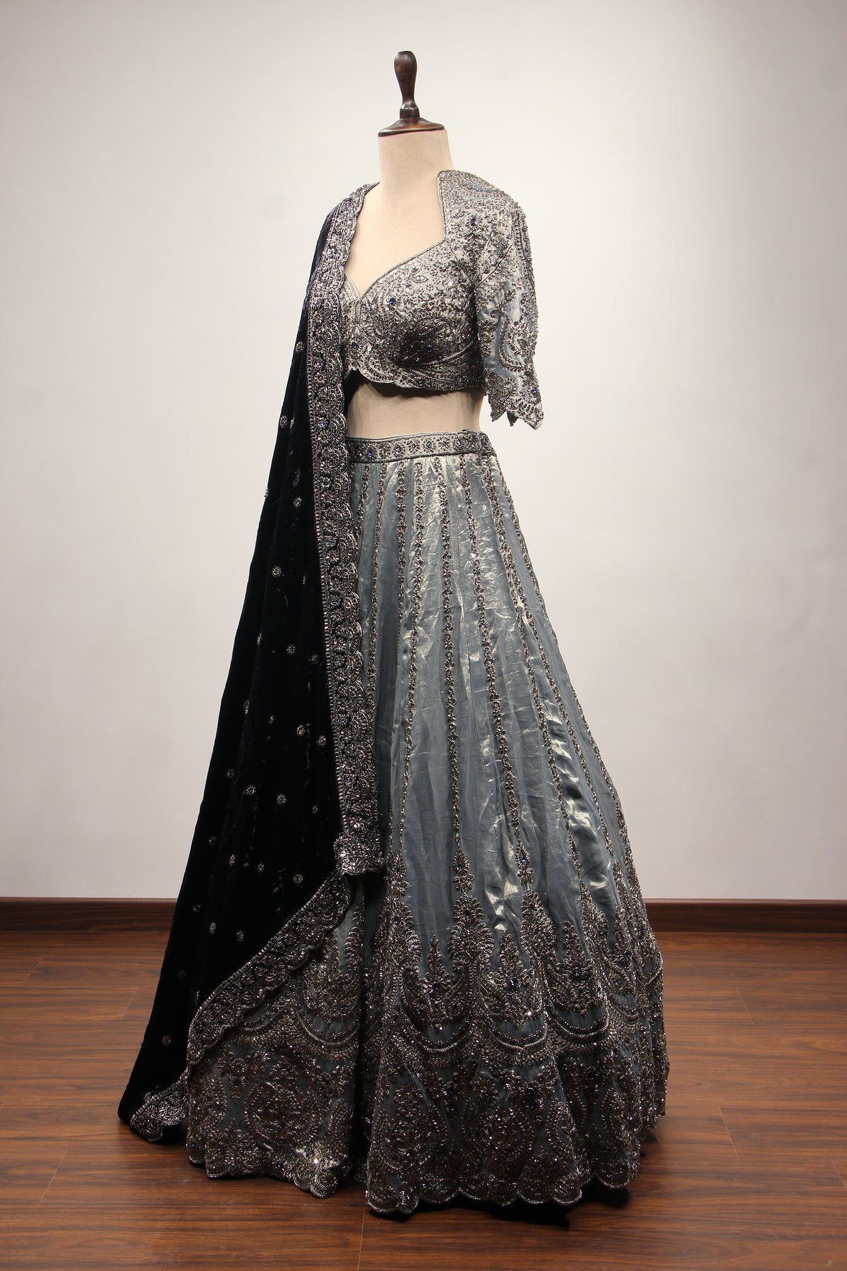 Grey Tissue Lehenga with Cut Dana & Sequin Handwork Scalloped Crop Top – side view