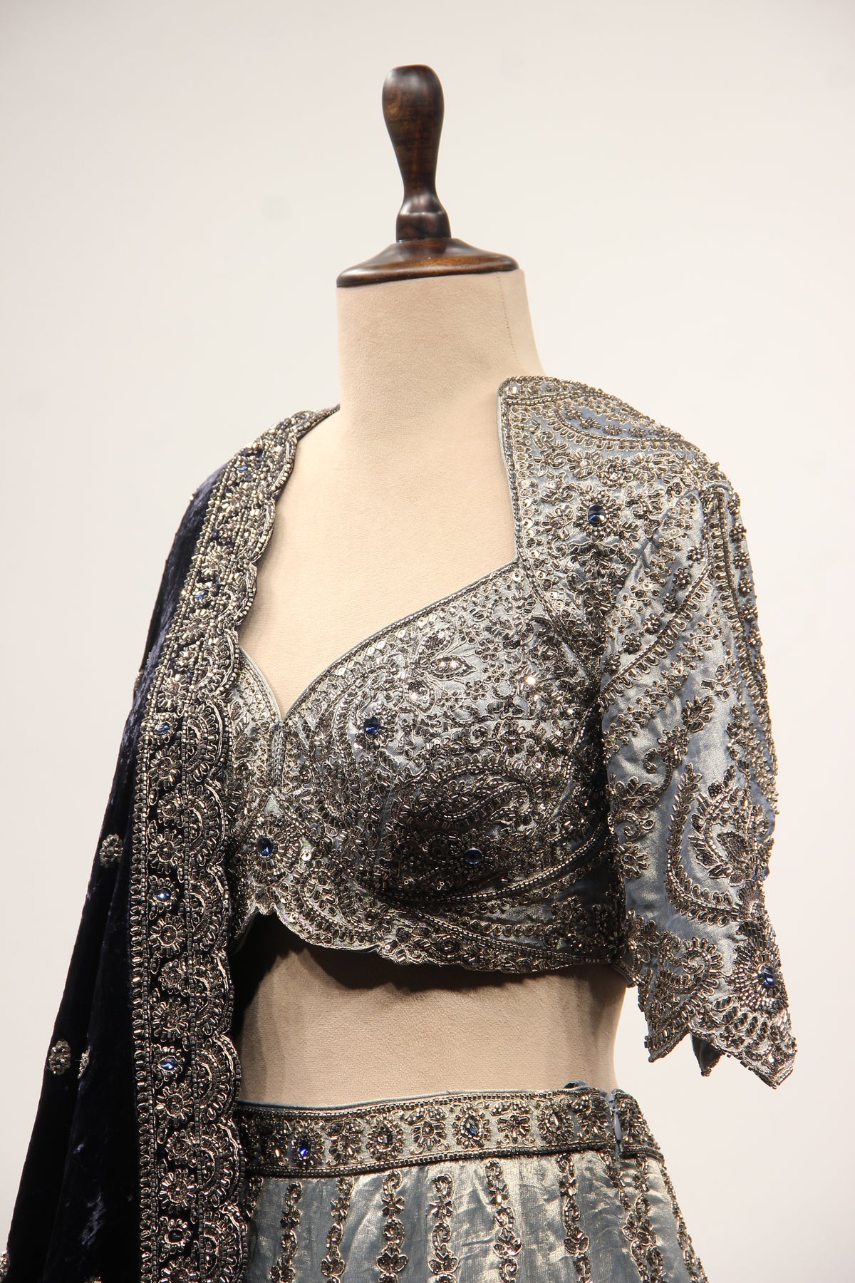 Grey Tissue Lehenga with Cut Dana & Sequin Handwork Scalloped Crop Top – side close-up