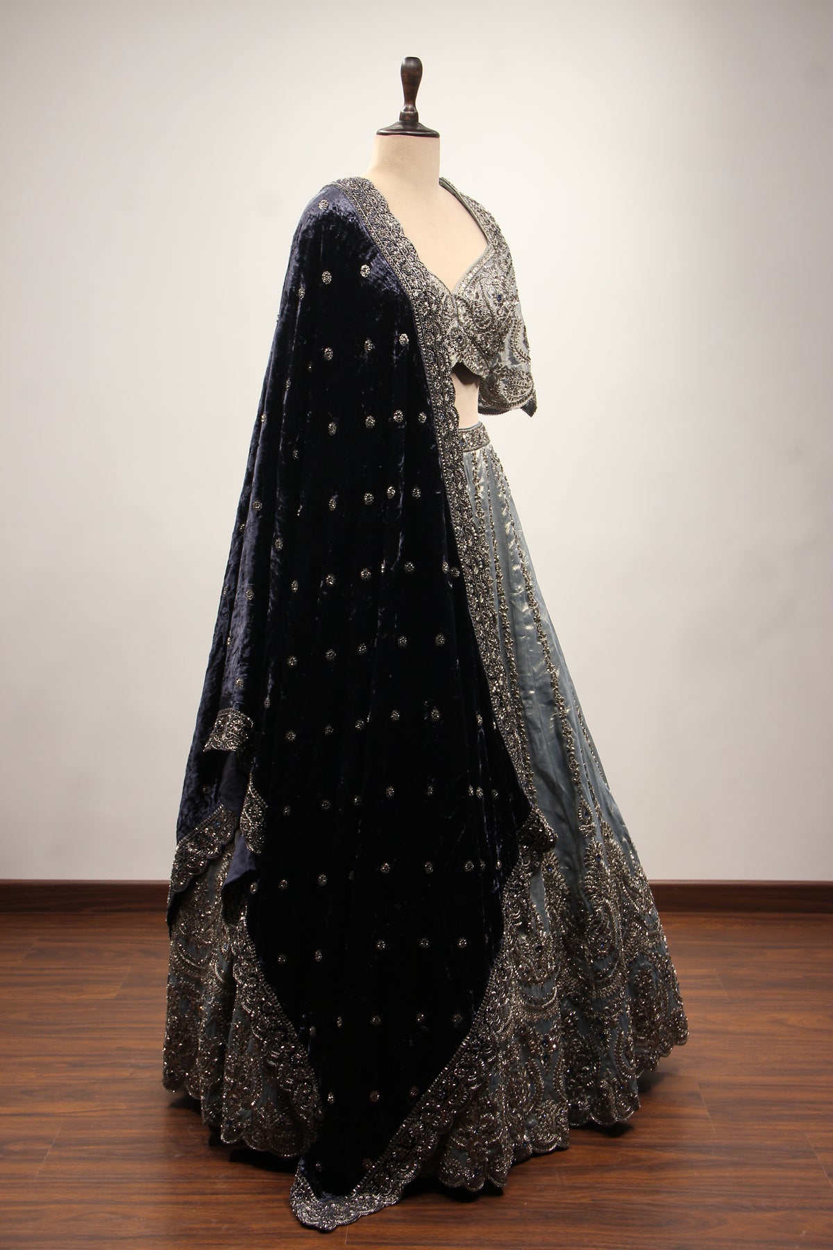 Grey Tissue Lehenga with Cut Dana & Sequin Handwork Scalloped Crop Top – other side view