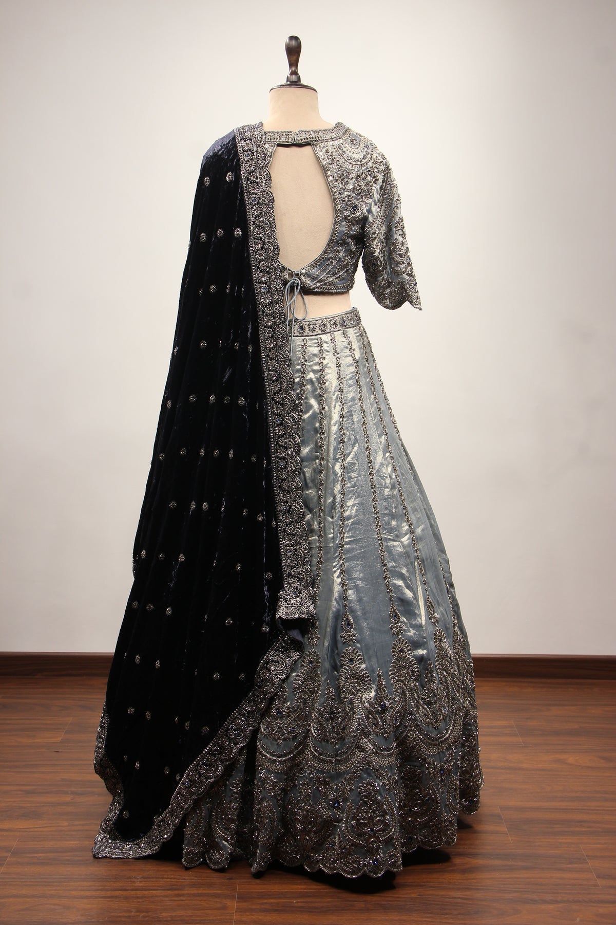 Grey Tissue Lehenga with Cut Dana & Sequin Handwork Scalloped Crop Top – back view